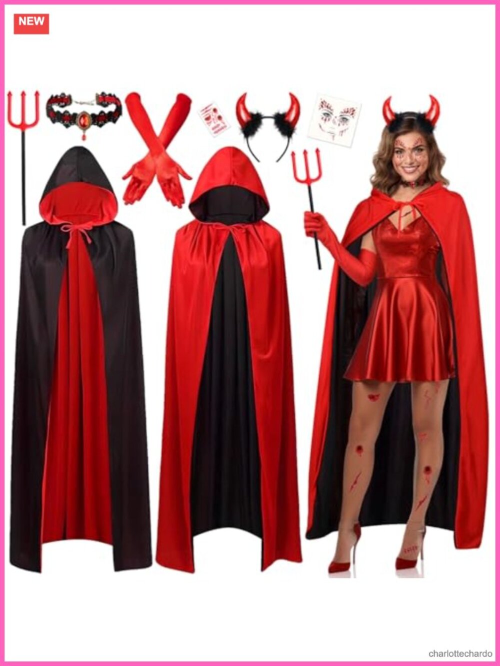 MOVINPE Reversible Devil Hooded Cloak Costume Set with Horns Trident Choker